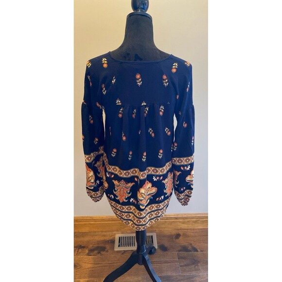 Gigio Faux Wrap Blouse Size Small Navy w/ Flowers longer Back Boho Peasant Look - Picture 5 of 11